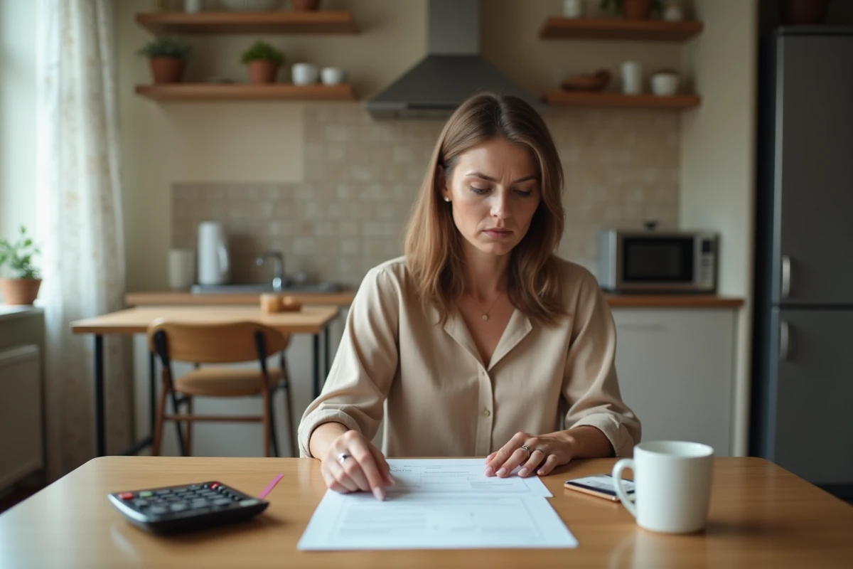 Femme consultant des documents administratifs et une calculatrice à la maison pour vérifier ses droits à la prime d'activité
