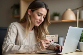 Femme tenant une carte Cadhoc devant un ordinateur portable pour faire des achats en ligne