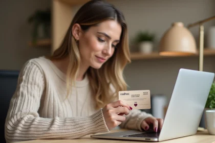Femme tenant une carte Cadhoc devant un ordinateur portable pour faire des achats en ligne