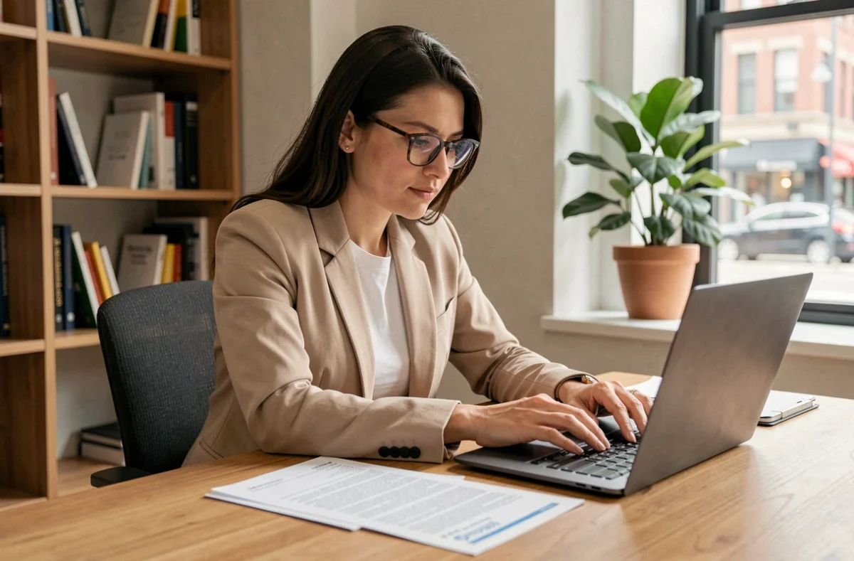 Femme comparant des documents d'assurance voiture sur un bureau en bois dans un bureau à domicile moderne