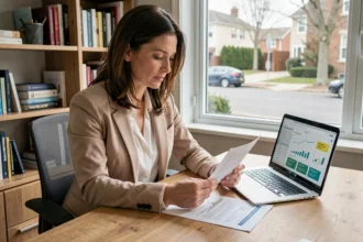 Femme comparant des tarifs d'assurance voiture AMF sur des documents et un ordinateur portable dans un bureau à domicile