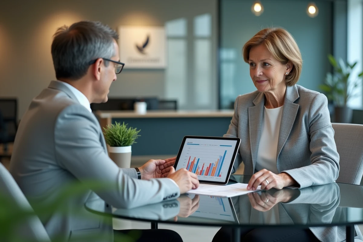 Femme de 50 ans en réunion avec un conseiller financier pour analyser les projections de rendement de son assurance vie sur une tablette