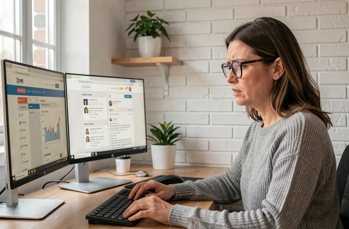 Femme inquiète consultant des avis d'utilisateurs sur une plateforme financière en ligne à domicile