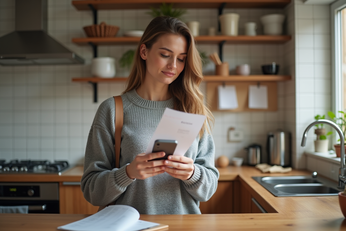 Jeune femme vérifiant une facture dans une cuisine