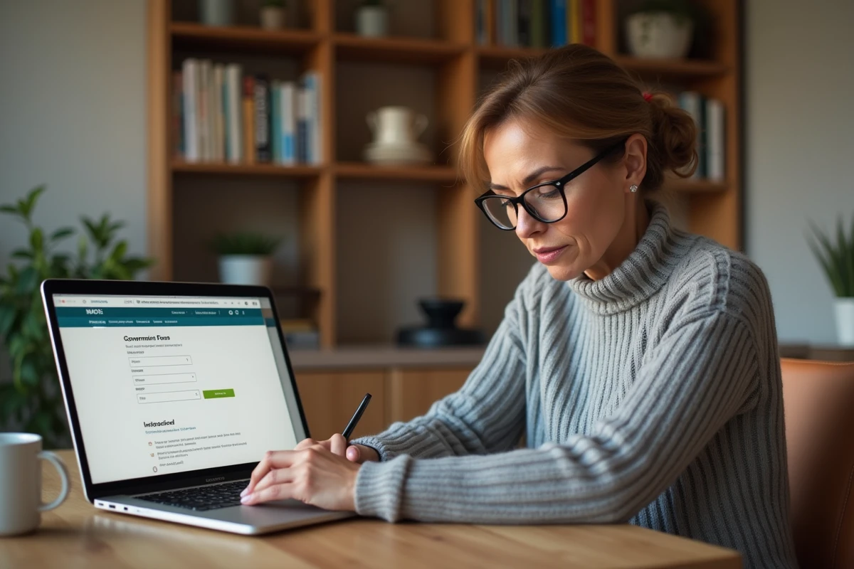 Femme d'âge moyen consultant le site Ciclade sur un ordinateur portable dans sa cuisine pour retrouver des avoirs bancaires non réclamés