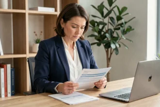 Femme consultant des documents de mutuelle santé à son bureau à domicile