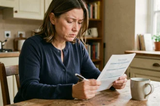 Femme consultant un document de mutuelle santé à la table de sa cuisine, stylo en main