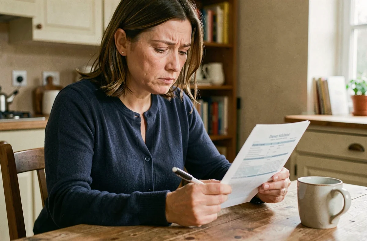 Femme consultant un document de mutuelle santé à la table de sa cuisine, stylo en main