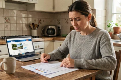Femme consultant le calendrier des paiements CAF 2026 à la table de sa cuisine avec des documents officiels