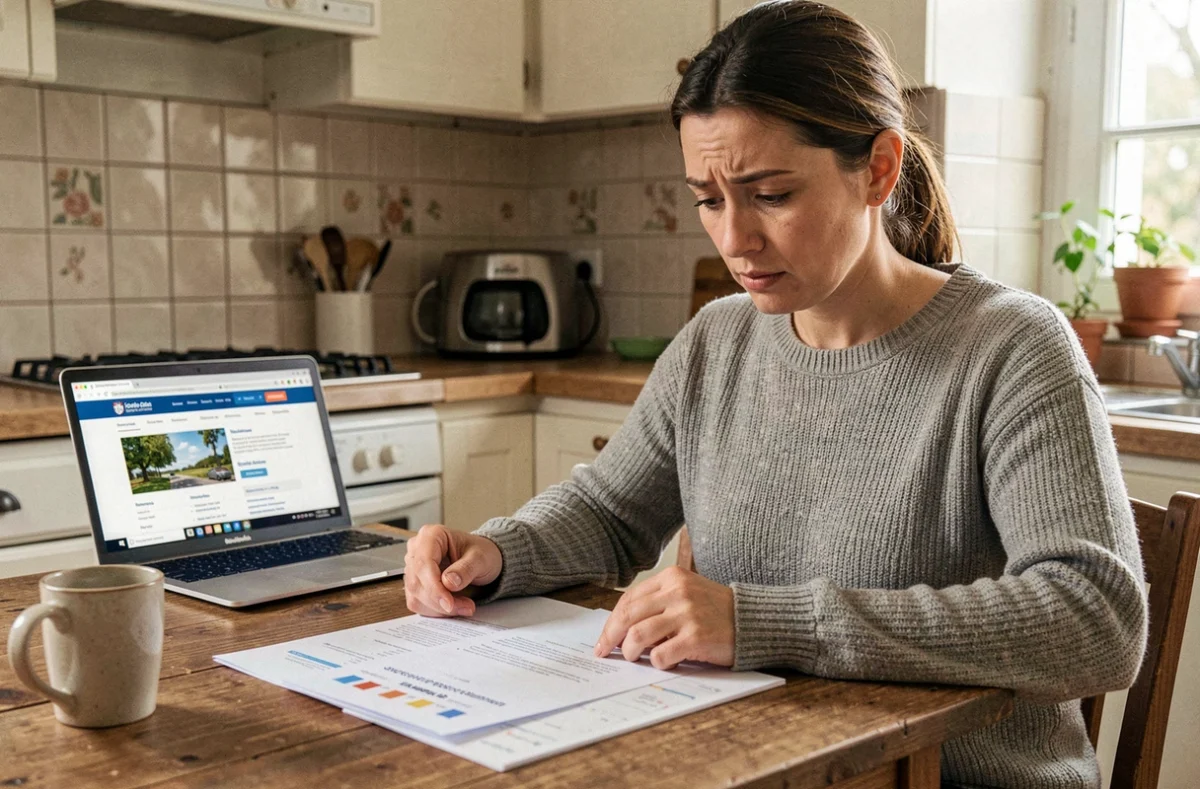Femme consultant le calendrier des paiements CAF 2026 à la table de sa cuisine avec des documents officiels