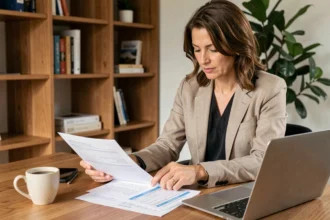 Femme consultant un contrat d'assurance voyage annuelle à son bureau à domicile