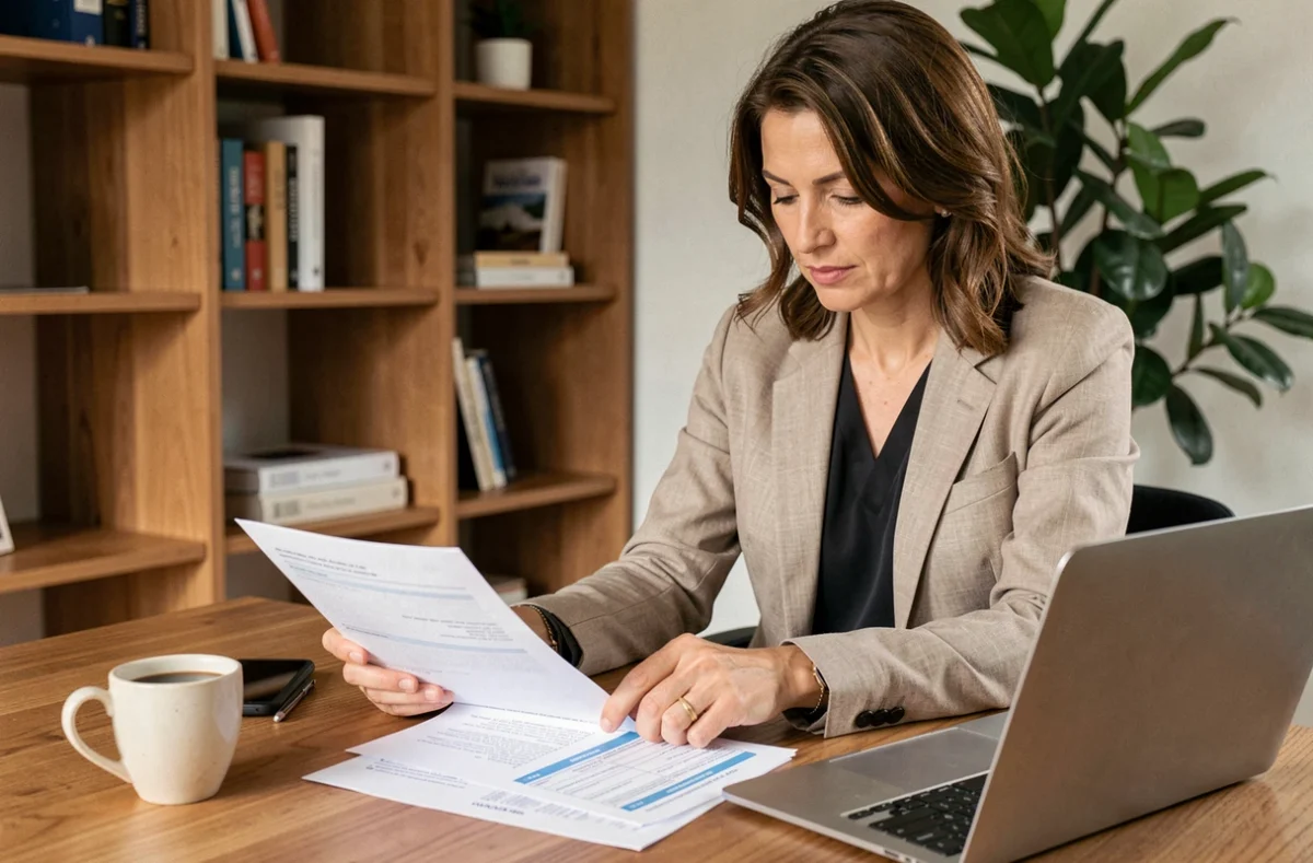 Femme consultant un contrat d'assurance voyage annuelle à son bureau à domicile