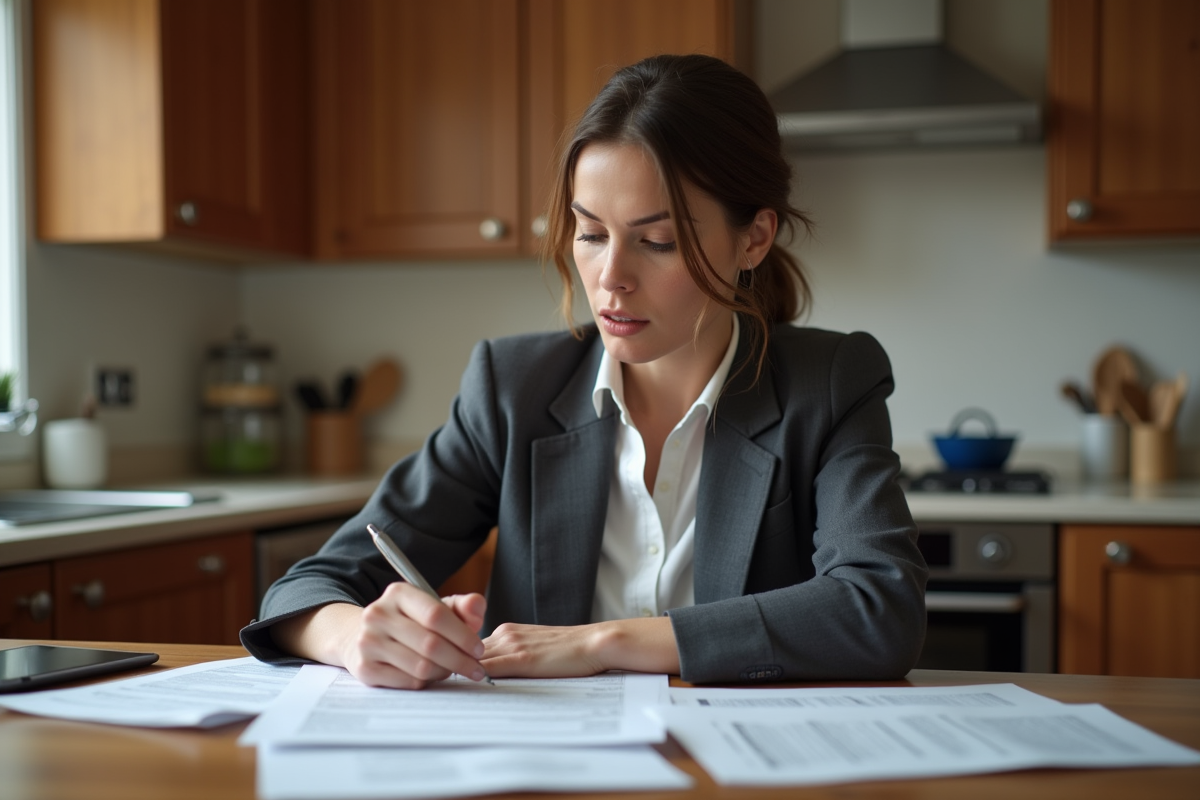 Femme d affaires examine des documents d assurance à la maison