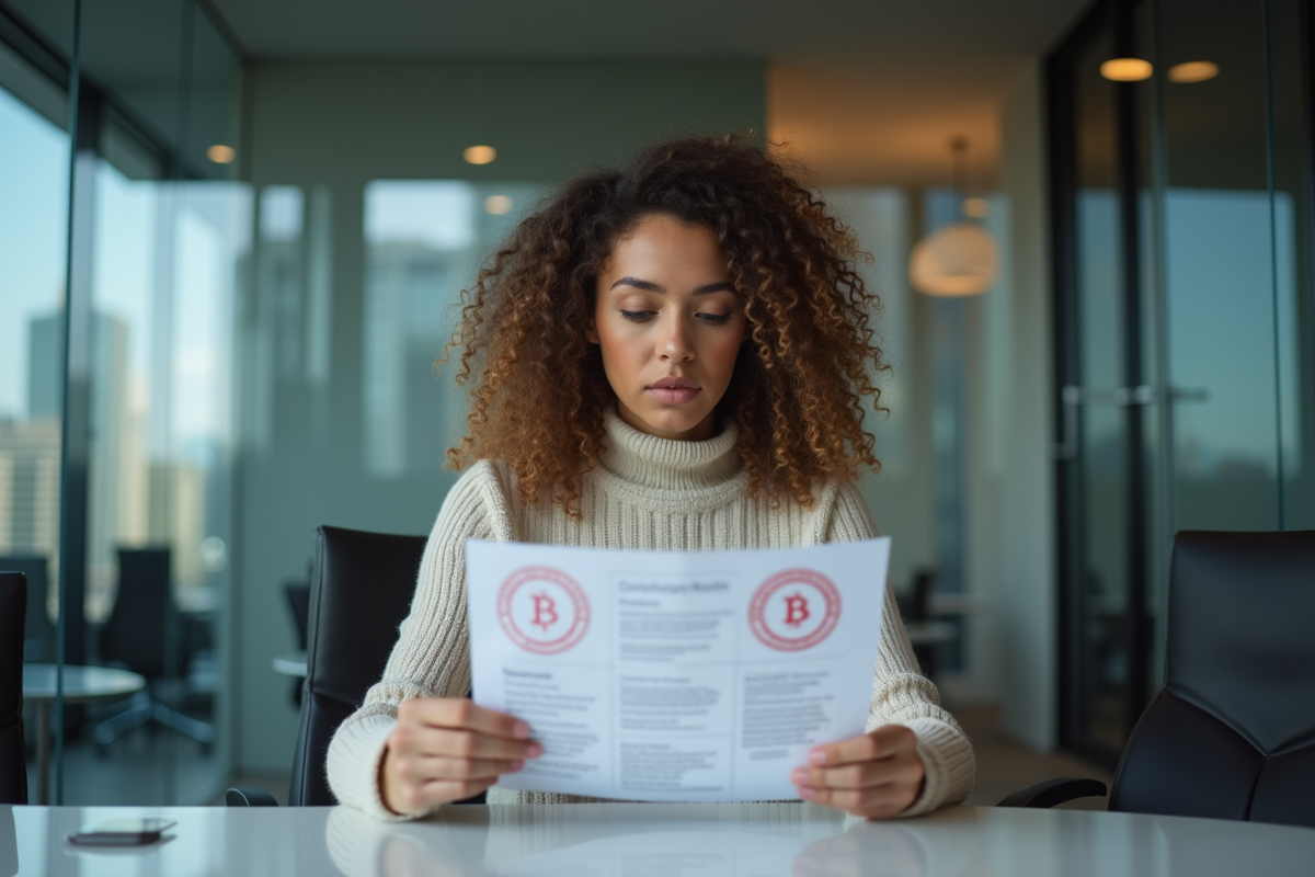 Jeune femme examinant des relevés Coinbase avec tampons rouges