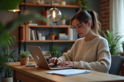 Femme concentrée vérifiant son portefeuille crypto avec hardware wallet