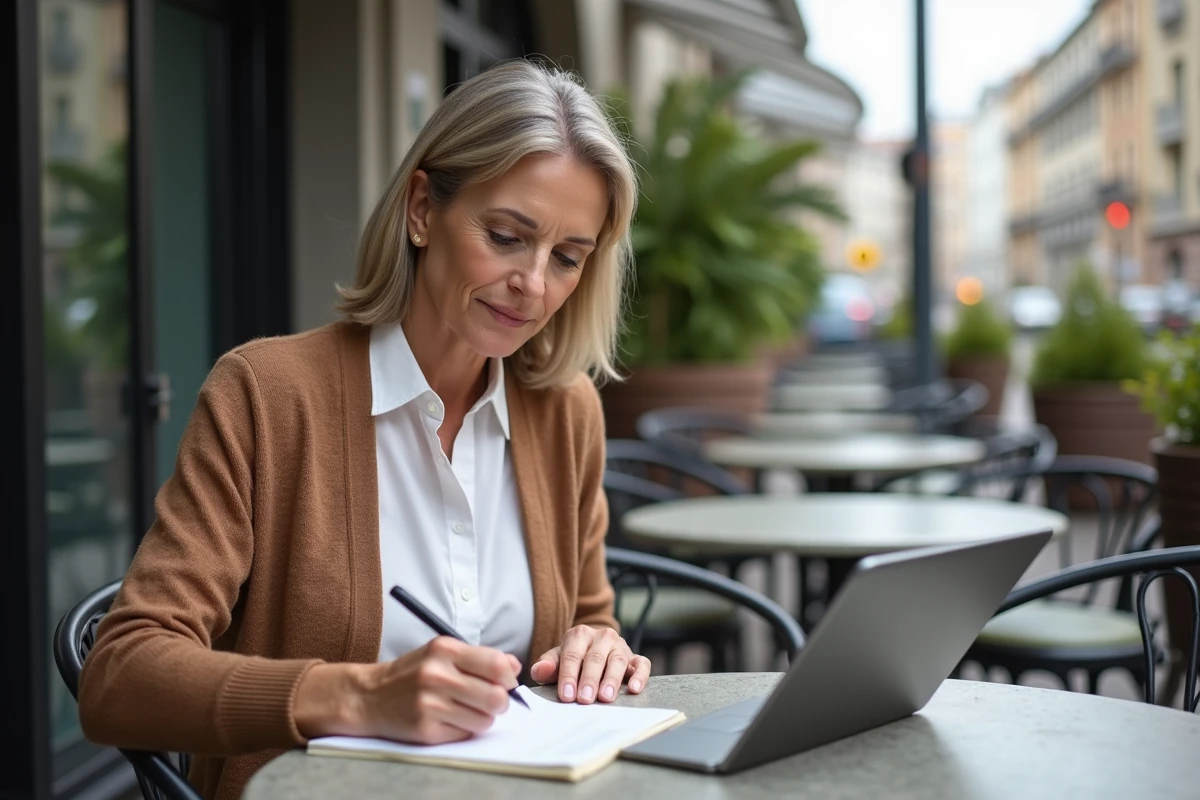 Femme écrivant dans un carnet avec une tablette de cryptomonnaie