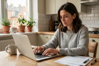 Femme comparant des devis d'assurance auto en ligne sur son ordinateur portable dans une cuisine moderne