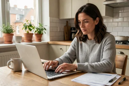 Femme comparant des devis d'assurance auto en ligne sur son ordinateur portable dans une cuisine moderne