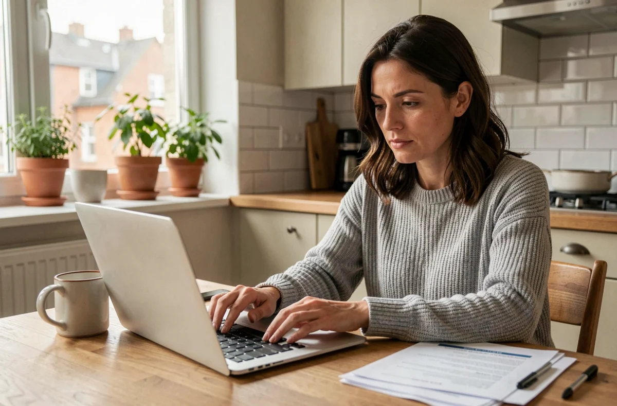 Femme comparant des devis d'assurance auto en ligne sur son ordinateur portable dans une cuisine moderne