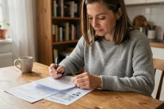 Femme consultant ses documents pour assurer sa voiture à domicile