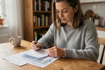 Femme consultant ses documents pour assurer sa voiture à domicile