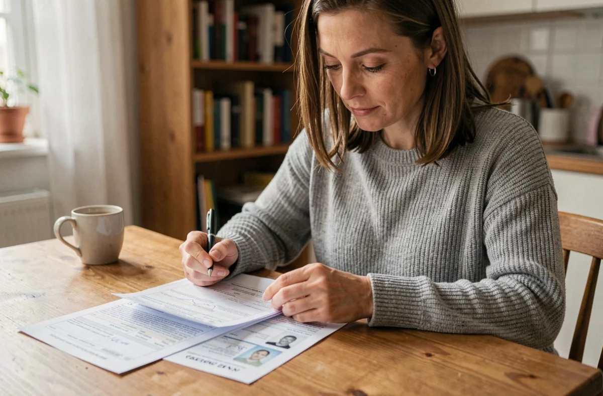 Femme consultant ses documents pour assurer sa voiture à domicile