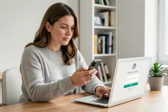 Femme utilisant l'authentification double facteur sur son application bancaire Bp du Sud Cyberplus depuis un bureau à domicile