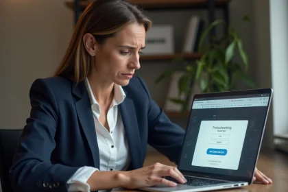 Femme frustrée devant un écran d'ordinateur affichant une erreur de connexion sur l'espace client Progéliance