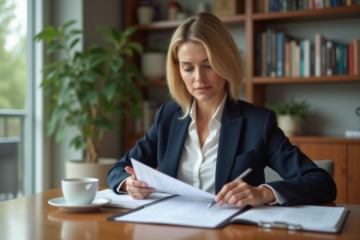 Femme d affaires examinant des documents financiers à la maison