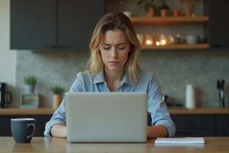 Femme frustrée regardant son ordinateur à la cuisine