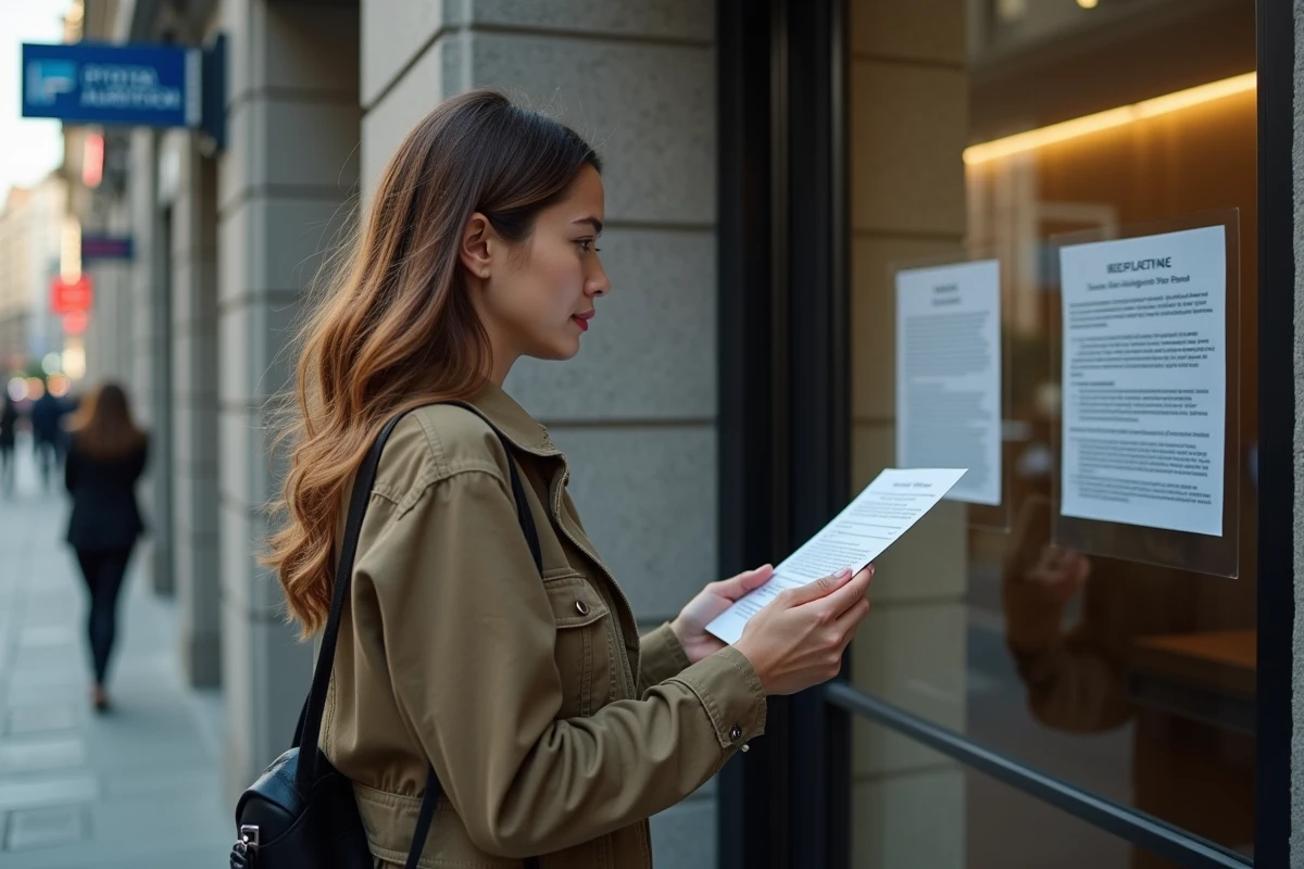 Jeune femme lisant une affiche devant une banque
