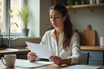 Femme lisant une lettre dans une cuisine moderne