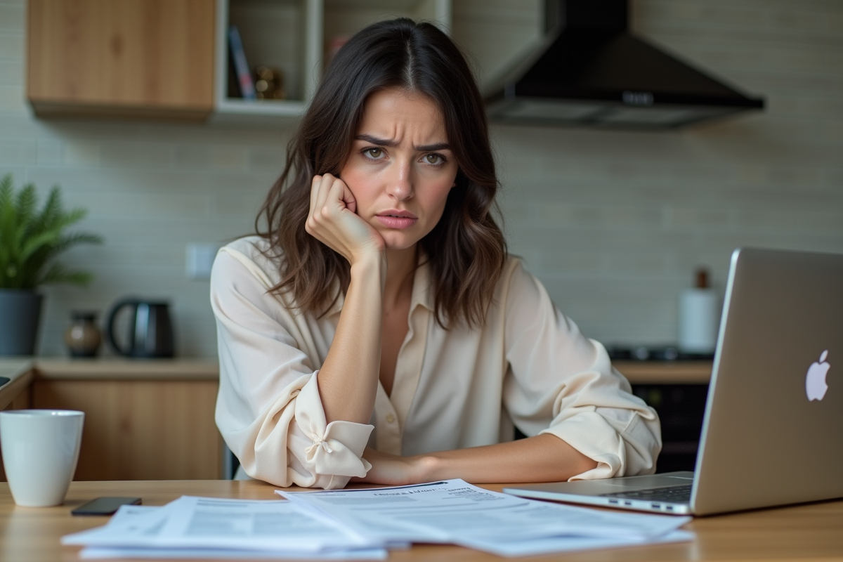 Jeune femme en cuisine examine des documents de crédit