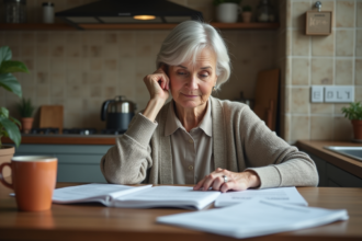 Femme âgée lisant des papiers dans une cuisine chaleureuse