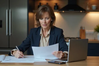 Femme d'âge moyen examinant des papiers dans une cuisine moderne