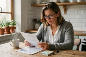 Femme consultant son livret A et des relevés bancaires à la table de sa cuisine pour optimiser ses intérêts nets d'impôts