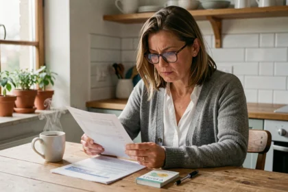 Femme consultant son livret A et des relevés bancaires à la table de sa cuisine pour optimiser ses intérêts nets d'impôts