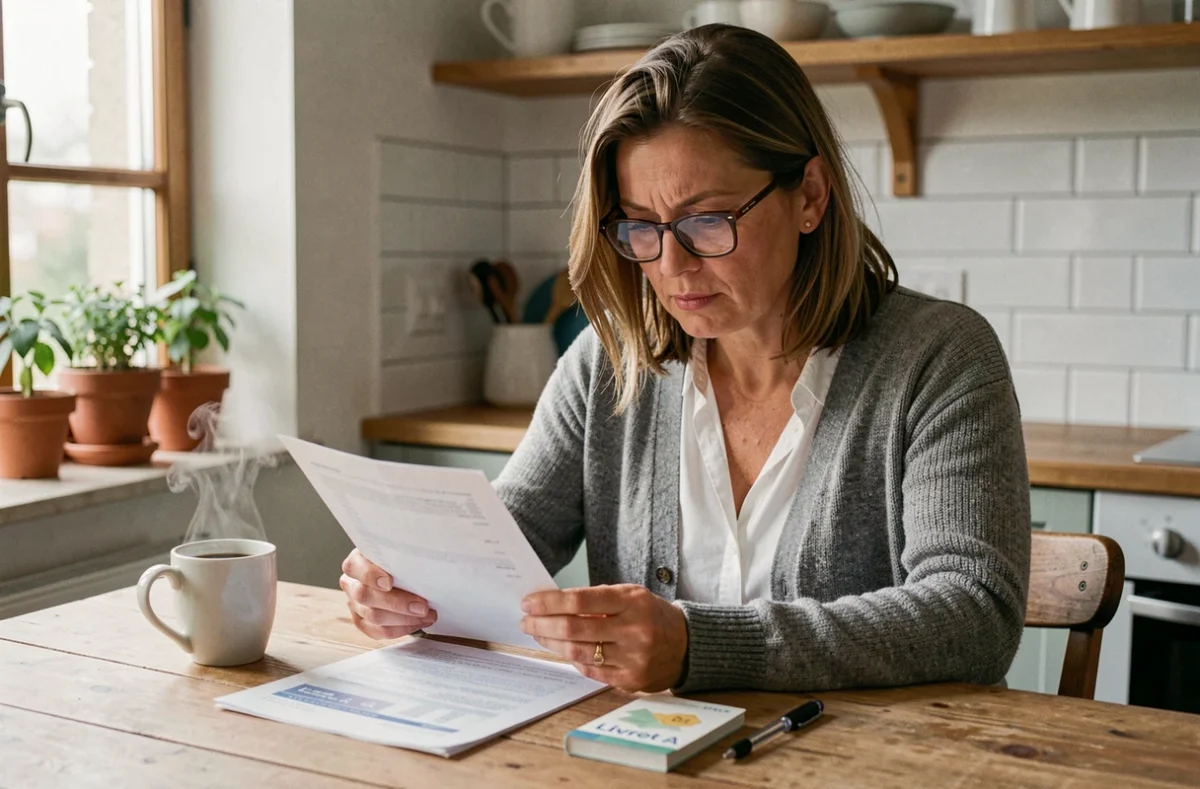 Femme consultant son livret A et des relevés bancaires à la table de sa cuisine pour optimiser ses intérêts nets d'impôts