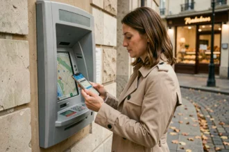 Femme utilisant une carte interactive sur smartphone pour localiser un distributeur de billets sécurisé en ville