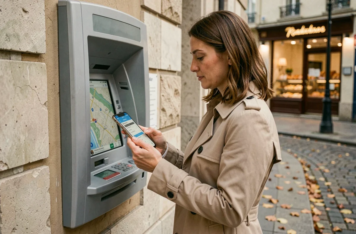Femme utilisant une carte interactive sur smartphone pour localiser un distributeur de billets sécurisé en ville