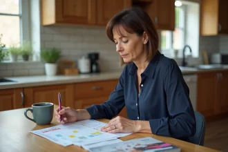 Femme organisée consulte calendrier dans cuisine chaleureuse