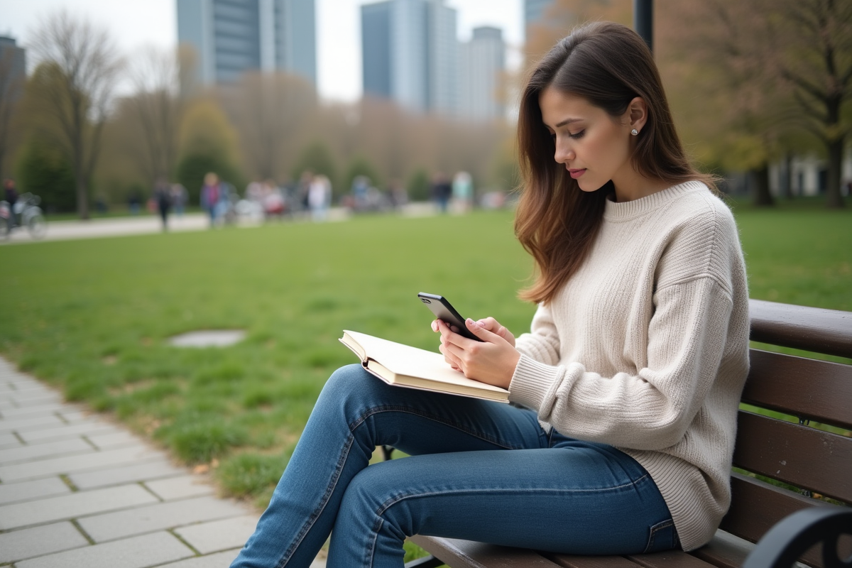Femme assise dans un parc urbain prend des notes et consulte son smartphone