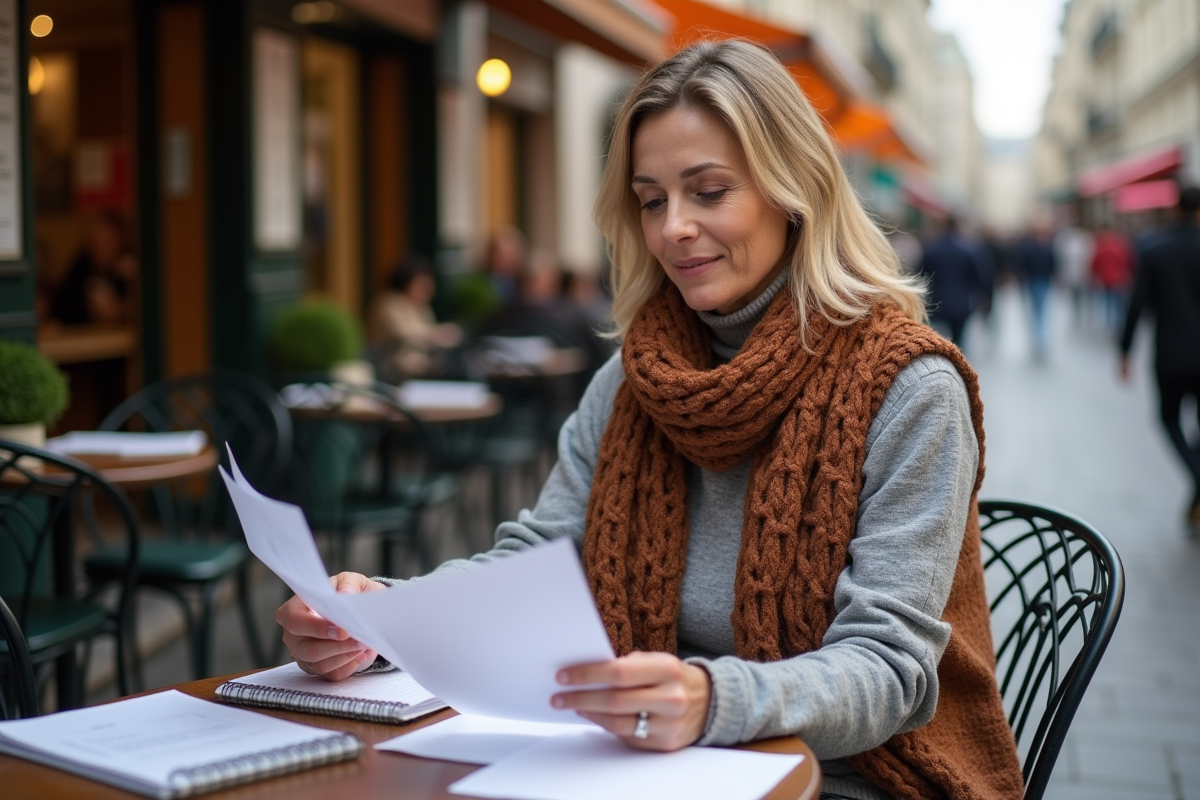 Femme française à un café organisant ses finances