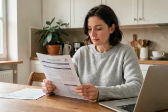 Femme consultant son relevé d'informations d'assurance auto à domicile sur une table en bois
