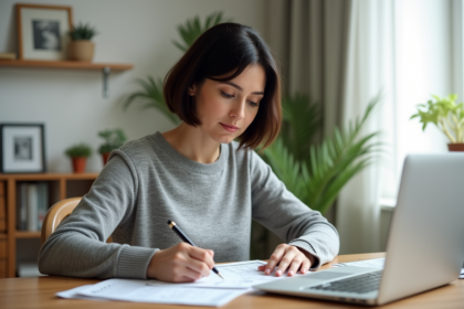 Femme concentrée remplissant ses formulaires d'impots à domicile