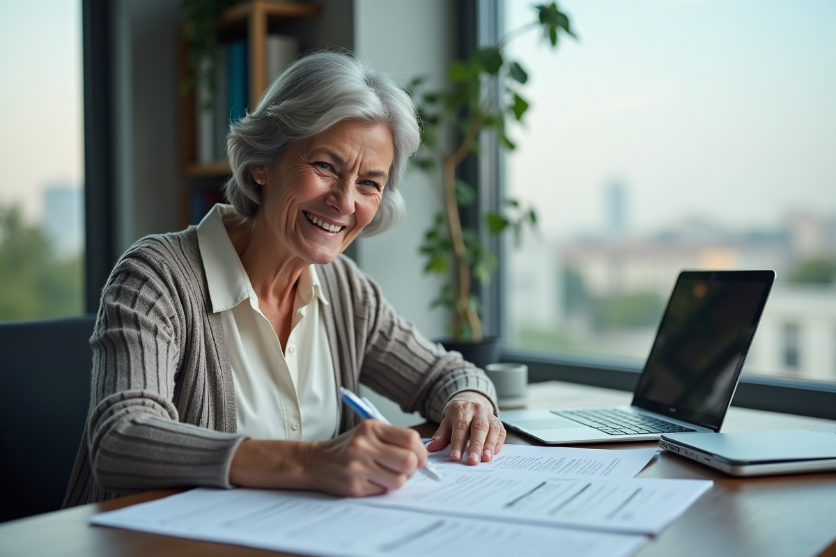 Femme âgée remplissant un formulaire de retraite au bureau