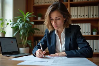 Femme de 45 ans remplissant le formulaire Cerfa 2042 RICI pour la déclaration de réduction d'impôt services à la personne