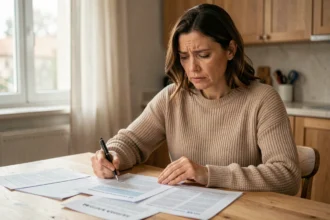 Femme consultant des documents d'assurance auto à la maison pour résilier son contrat