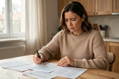 Femme consultant des documents d'assurance auto à la maison pour résilier son contrat