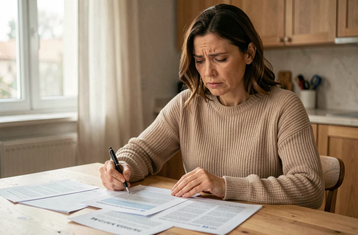Femme consultant des documents d'assurance auto à la maison pour résilier son contrat